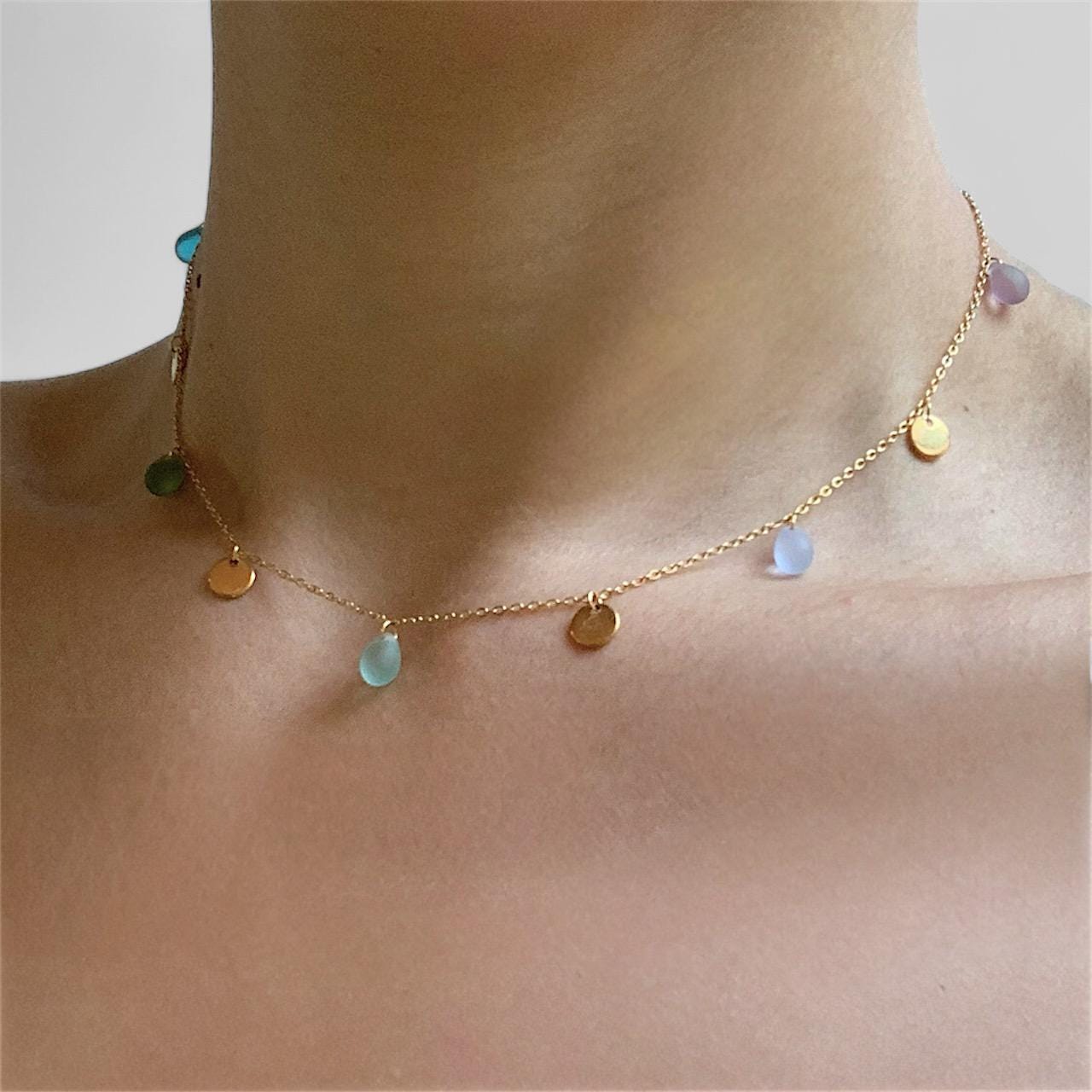 Summer necklace with multicolor glass details, a modern take on minimalist jewelry. Designed to celebrate individuality. Handmade in Greece by Jewelry by Meow.